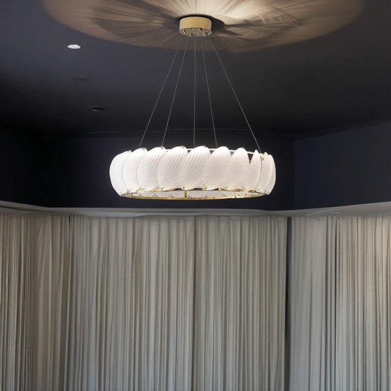 Traditional French Stainless Steel Feather Glass Ring LED Pendant Light For Bedroom