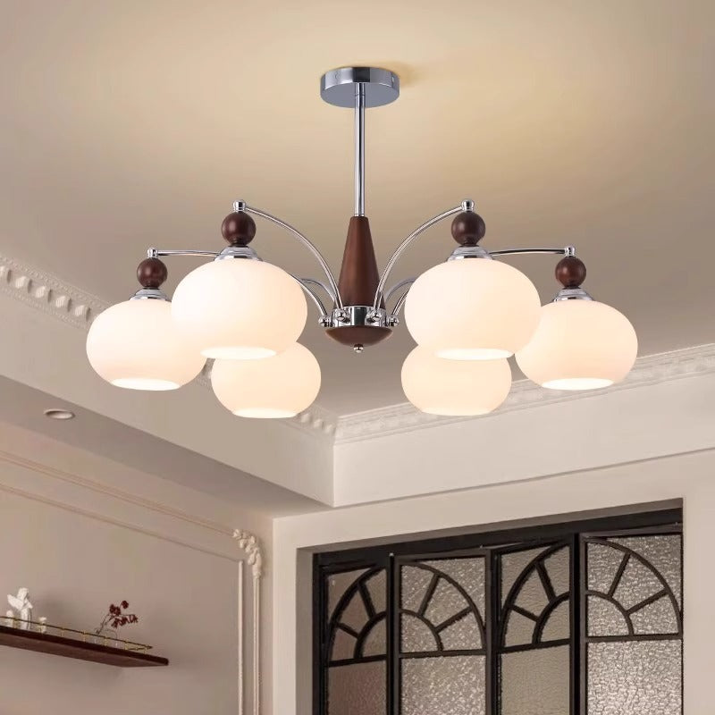 Traditional French Iron Solid Wood Glass Round Shade 6/8-Light Chandelier For Living Room