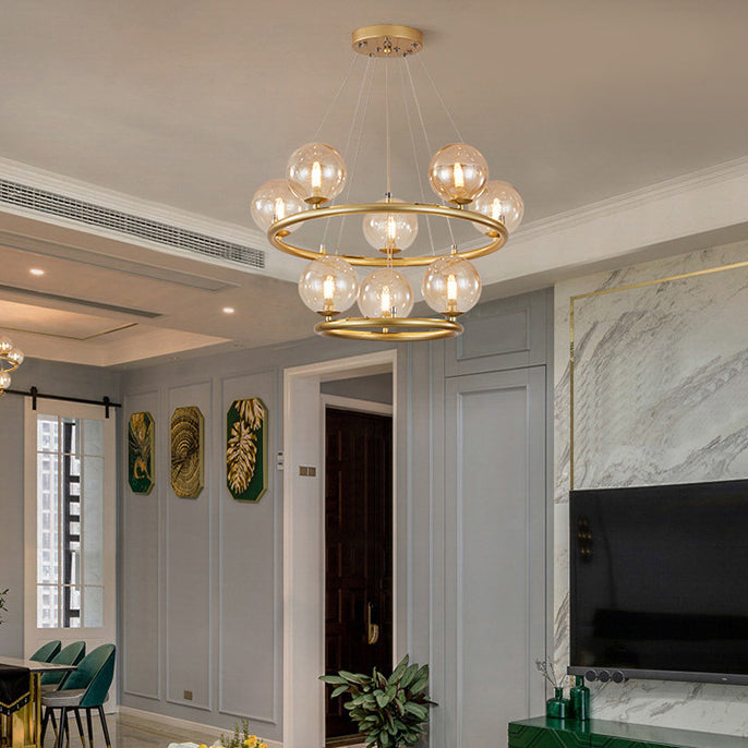 Contemporary Luxury Dual Iron Circle Ring Frame Glass Ball Shade 8-Light Chandelier For Living Room