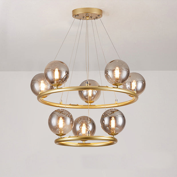 Contemporary Luxury Dual Iron Circle Ring Frame Glass Ball Shade 8-Light Chandelier For Living Room