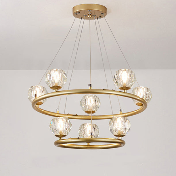 Contemporary Luxury Dual Iron Circle Ring Frame Glass Ball Shade 8-Light Chandelier For Living Room