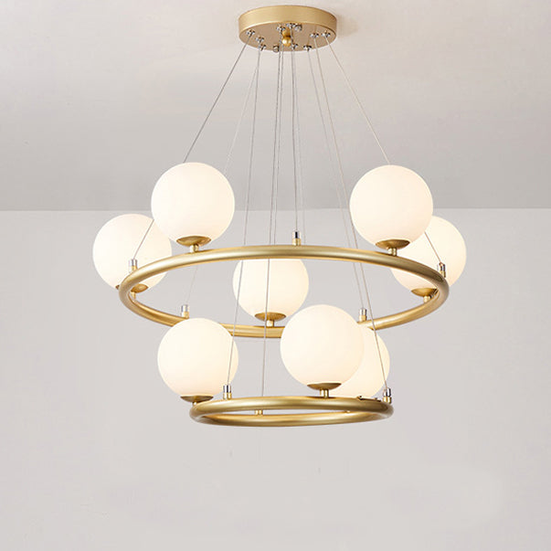 Contemporary Luxury Dual Iron Circle Ring Frame Glass Ball Shade 8-Light Chandelier For Living Room