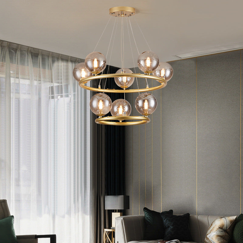 Contemporary Luxury Dual Iron Circle Ring Frame Glass Ball Shade 8-Light Chandelier For Living Room