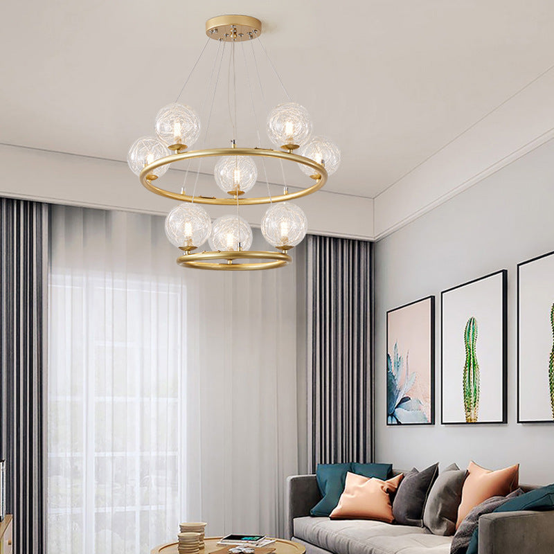 Contemporary Luxury Dual Iron Circle Ring Frame Glass Ball Shade 8-Light Chandelier For Living Room