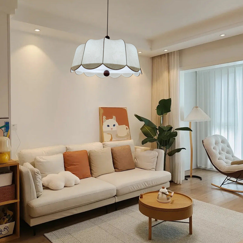 Traditional French Ash Wood Fabric Round Shade 3-Light Pendant Light For Living Room