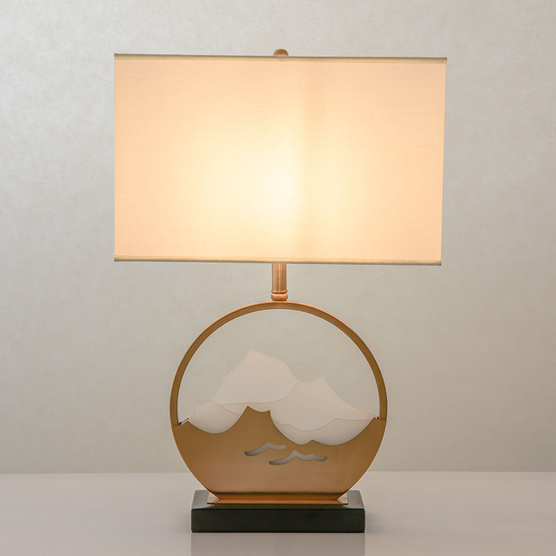 Traditional Chinese Fabric Cylinder Shade Iron Acrylic 1-Light Table Lamp For Bedroom