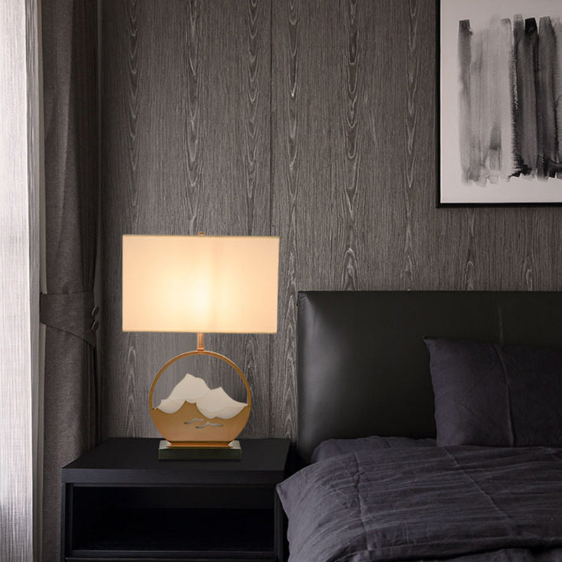 Traditional Chinese Fabric Cylinder Shade Iron Acrylic 1-Light Table Lamp For Bedroom