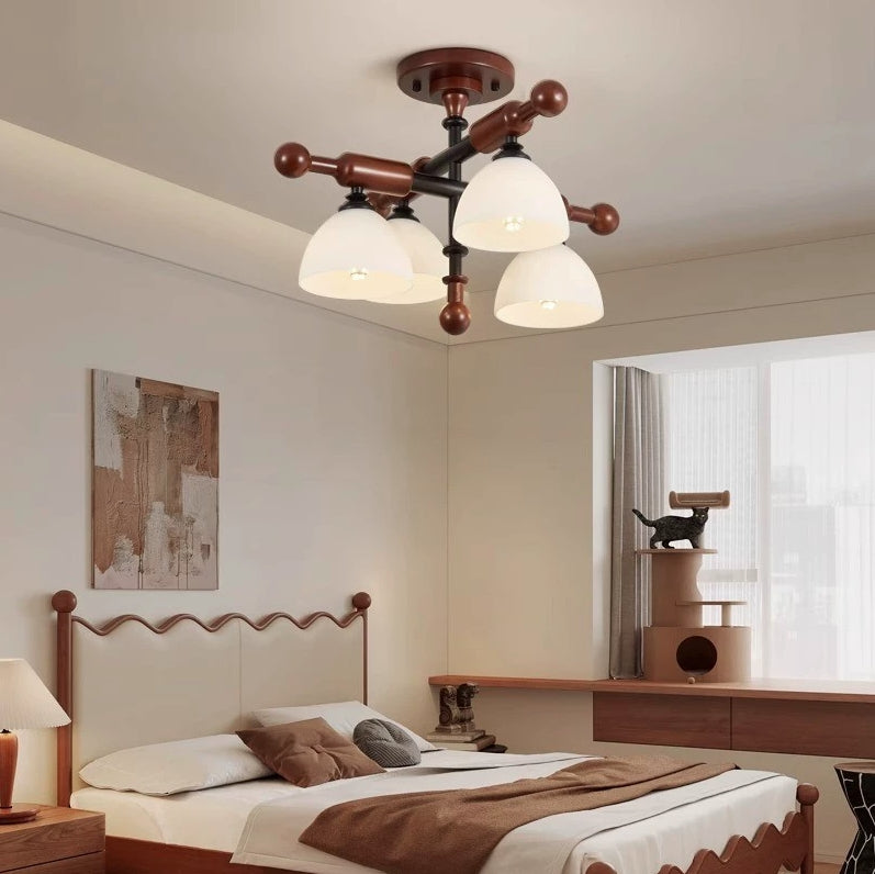 Traditional French Solid Wood Frame Glass Round Shade 4/6-Light Semi-Flush Mount Ceiling Light For Living Room