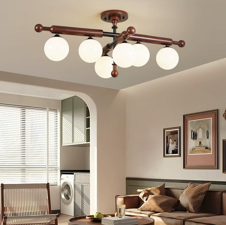 Traditional French Solid Wood Frame Glass Round Shade 4/6-Light Semi-Flush Mount Ceiling Light For Living Room
