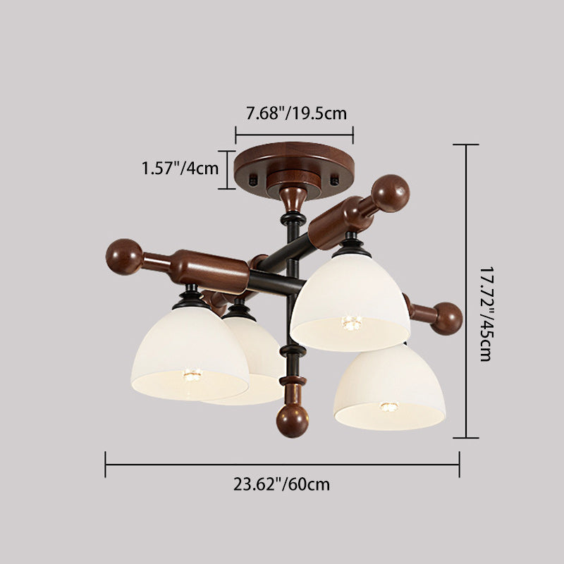 Traditional French Solid Wood Frame Glass Round Shade 4/6-Light Semi-Flush Mount Ceiling Light For Living Room