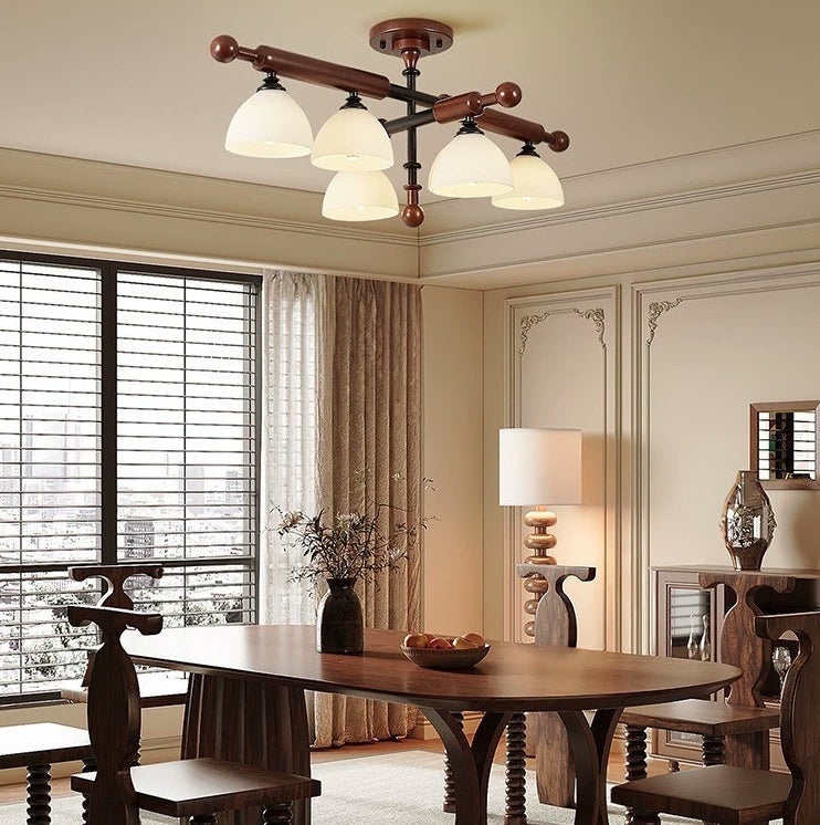 Traditional French Solid Wood Frame Glass Round Shade 4/6-Light Semi-Flush Mount Ceiling Light For Living Room