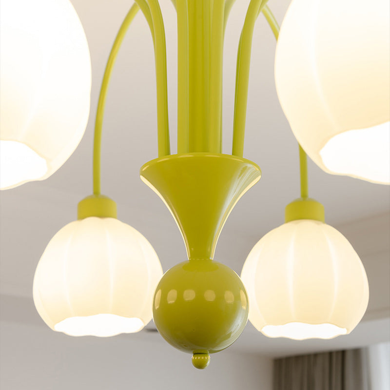 Traditional French Iron Frame Pumpkin Glass Shade 6/8-Light Chandelier For Living Room