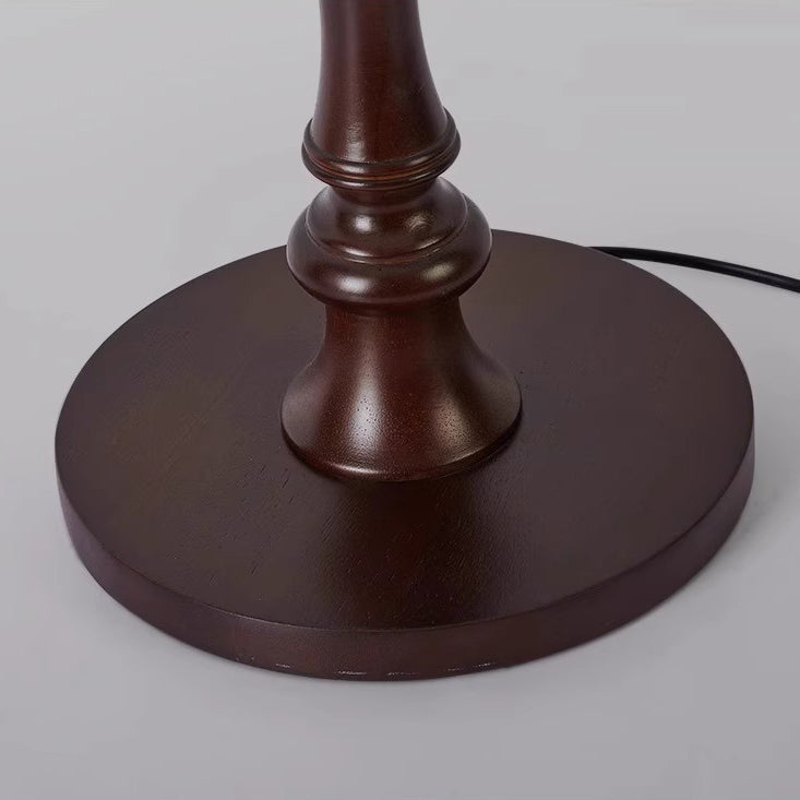Traditional French Printed Fabric Round Shade Solid Wood Base 1-Light Standing Floor Lamp For Living Room
