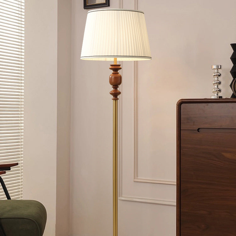 Contemporary Simplicity Cylinder Pleated Fabric Shade Solid Wood Hardware 1-Light Standing Floor Lamp For Living Room
