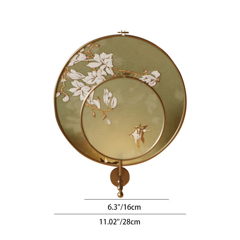 Traditional Chinese Iron Flower Bird Pattern Fabric Round Fan 1-Light Wall Sconce Lamp For Living Room