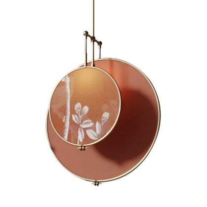 Traditional Chinese Iron Flower Bird Pattern Fabric Round Fan 1-Light Pendant Light For Living Room