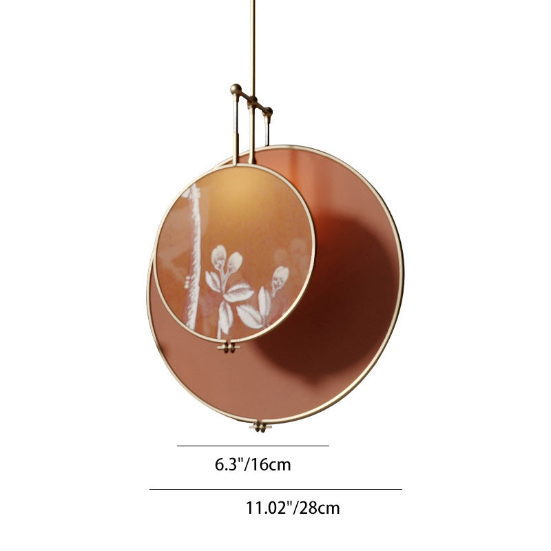 Traditional Chinese Iron Flower Bird Pattern Fabric Round Fan 1-Light Pendant Light For Living Room