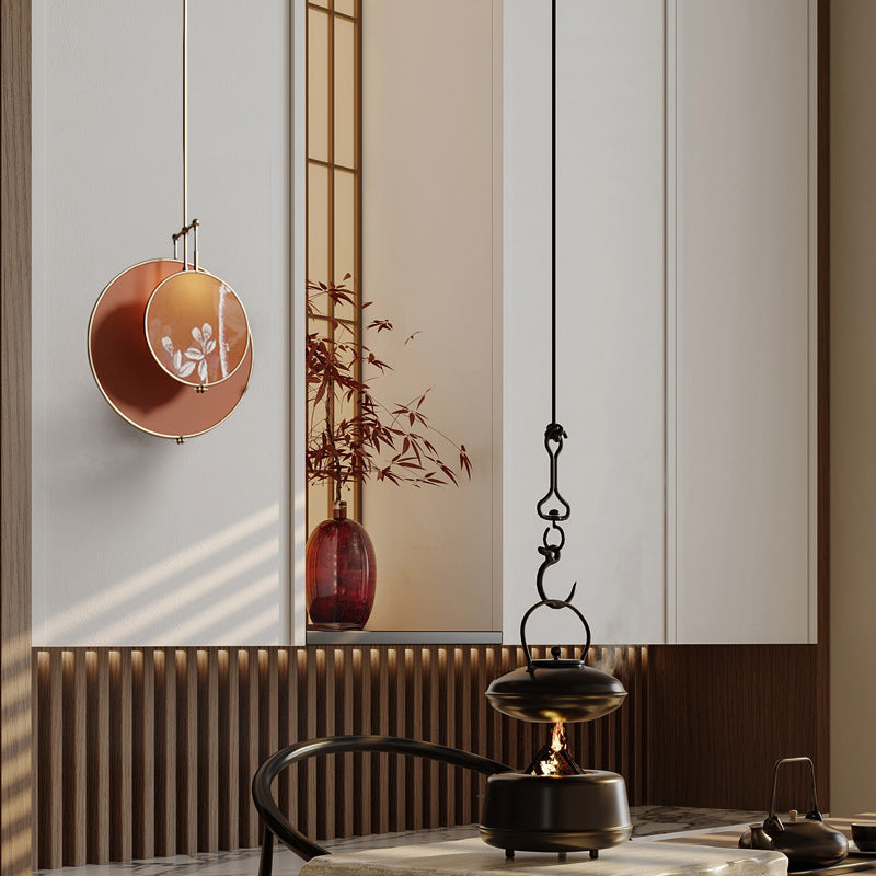 Traditional Chinese Iron Flower Bird Pattern Fabric Round Fan 1-Light Pendant Light For Living Room