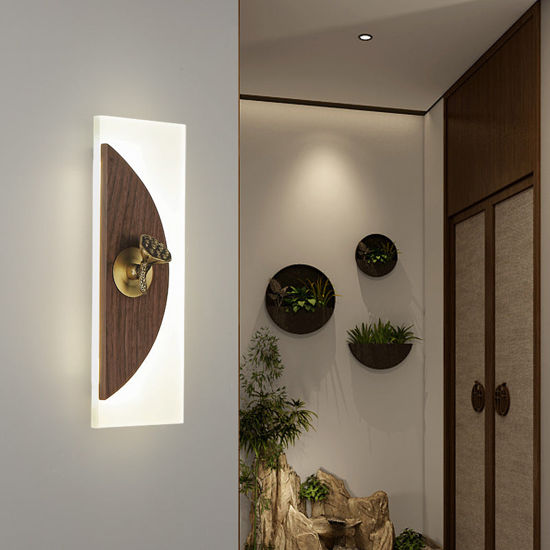 Traditional Chinese Rectangular Walnut Wood Acrylic Shade LED Wall Sconce Lamp For Living Room