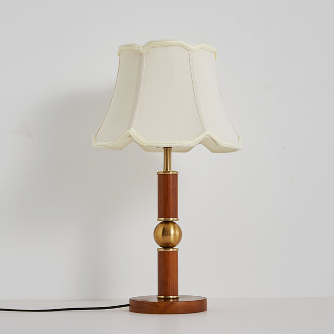 Traditional French Fabric Shade Hardware Solid Wood Base 1-Light Table Lamp For Bedroom