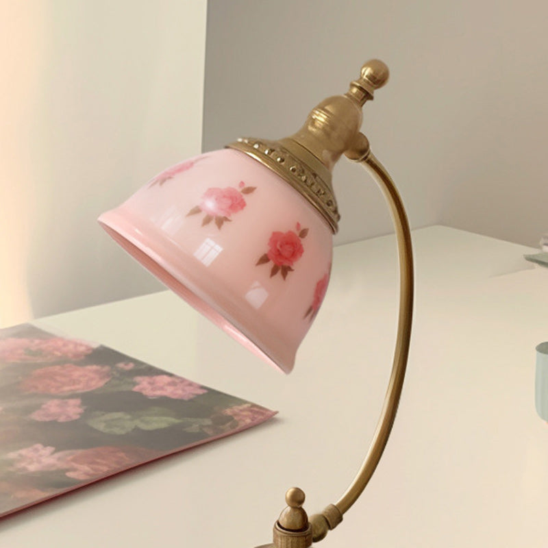 Traditional French Antique Brass Printed Glass Round Shade 1-Light Table Lamp For Home Office