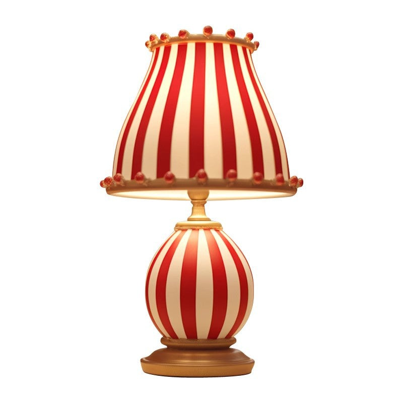 Contemporary Creative Circus Red & White Striped Glass Round Shade Resin Base 1-Light Table Lamp For Bedroom