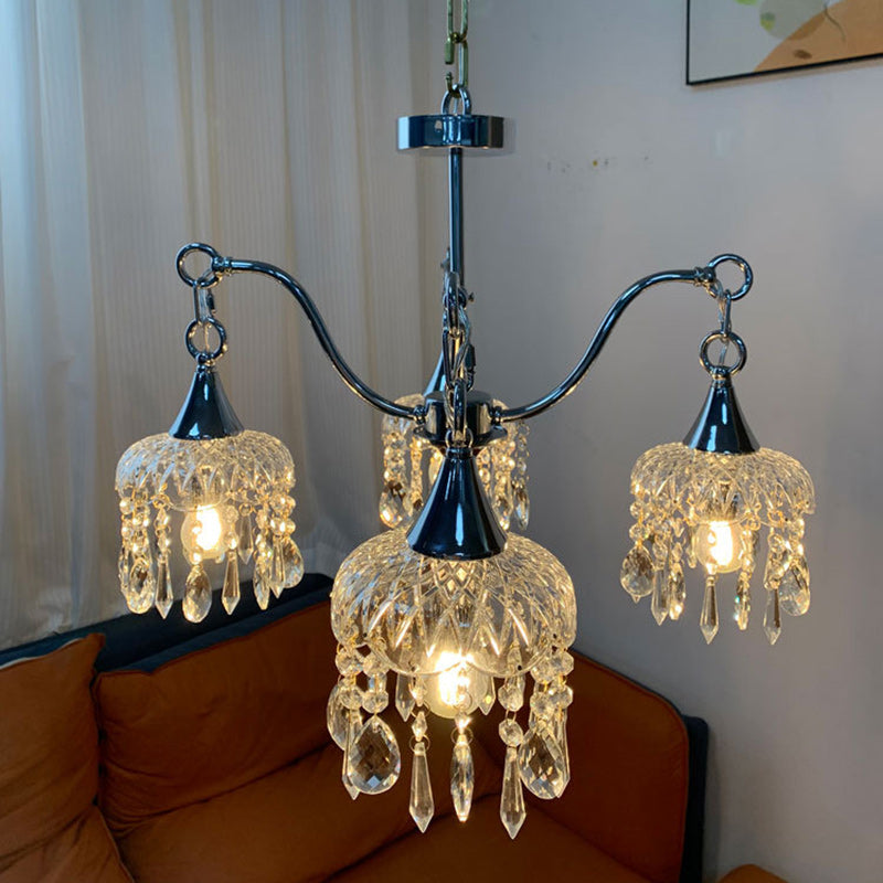 Traditional French Iron Frame Flower Glass Crystal String 4/6-Light Chandelier For Living Room