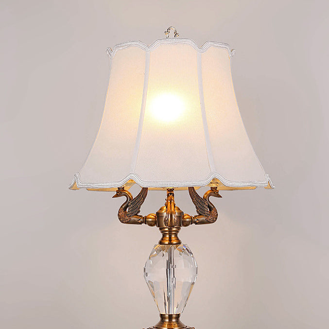 Traditional Vintage Fabric Bell Shade Crystal Carving Zinc Alloy Base 3-Light Table Lamp For Bedroom