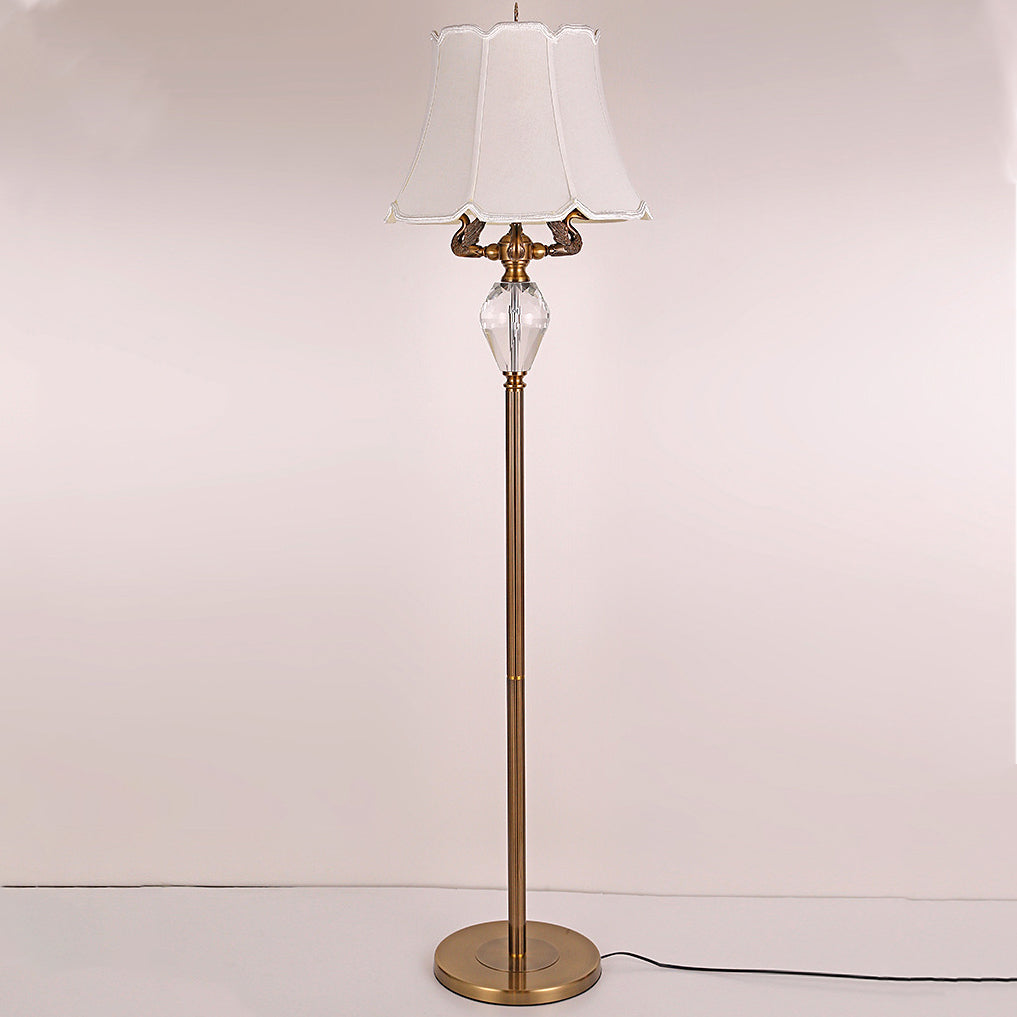 Traditional Vintage Fabric Bell Shade Crystal Carving Zinc Alloy Base 3-Light Standing Floor Lamp For Bedroom
