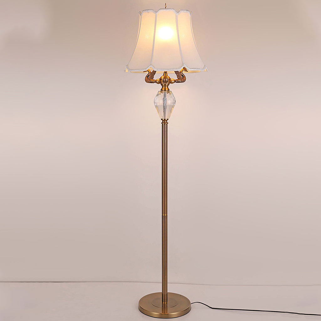 Traditional Vintage Fabric Bell Shade Crystal Carving Zinc Alloy Base 3-Light Standing Floor Lamp For Bedroom