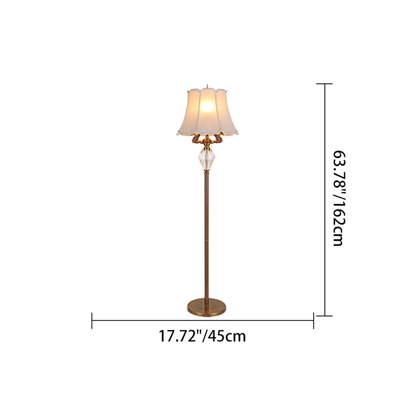 Traditional Vintage Fabric Bell Shade Crystal Carving Zinc Alloy Base 3-Light Standing Floor Lamp For Bedroom