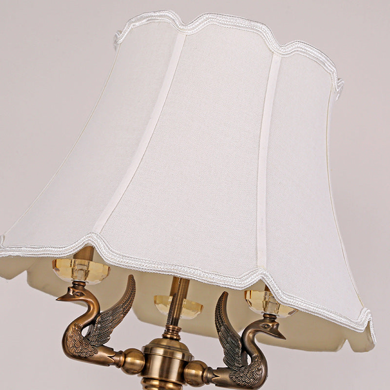 Traditional Vintage Fabric Bell Shade Crystal Carving Zinc Alloy Base 3-Light Standing Floor Lamp For Bedroom