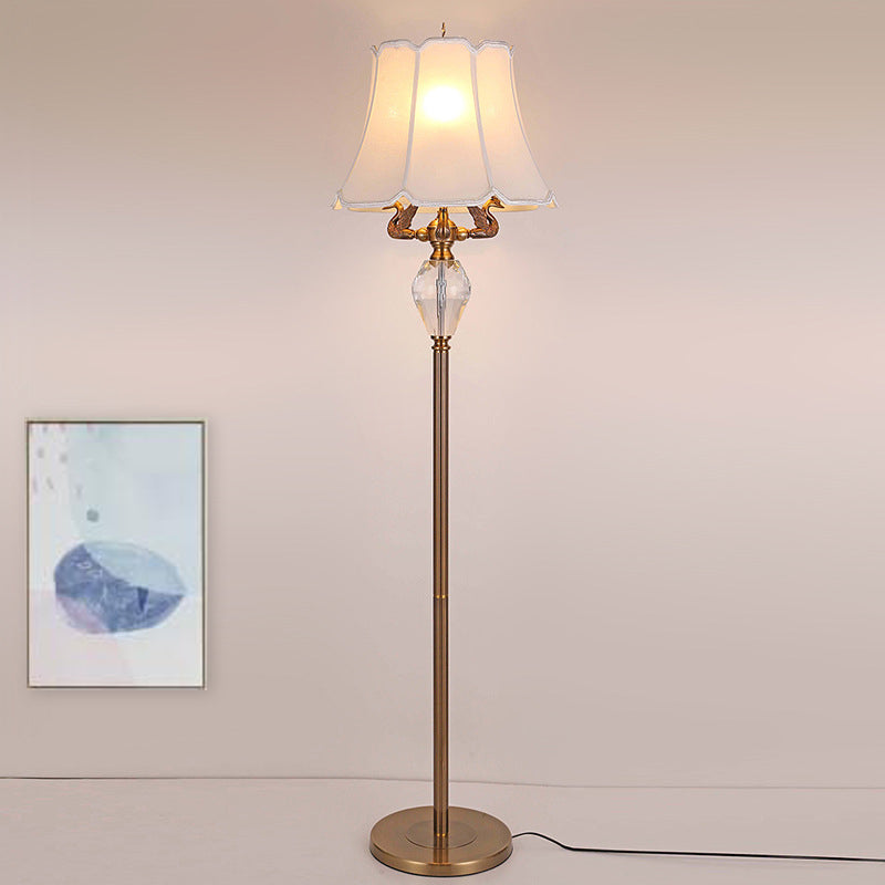 Traditional Vintage Fabric Bell Shade Crystal Carving Zinc Alloy Base 3-Light Standing Floor Lamp For Bedroom