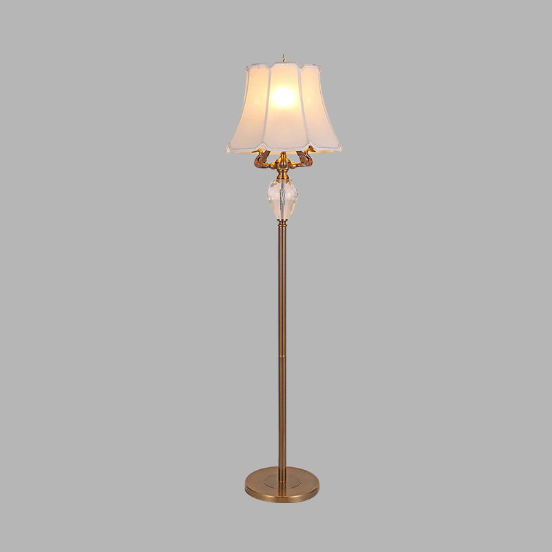 Traditional Vintage Fabric Bell Shade Crystal Carving Zinc Alloy Base 3-Light Standing Floor Lamp For Bedroom