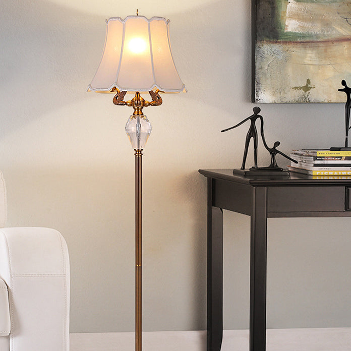 Traditional Vintage Fabric Bell Shade Crystal Carving Zinc Alloy Base 3-Light Standing Floor Lamp For Bedroom