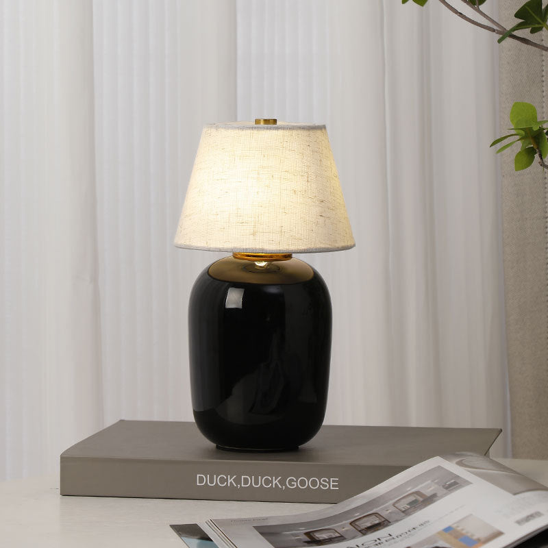 Contemporary Nordic Round Fabric Shade Ceramic 1-Light Table Lamp For Bedroom