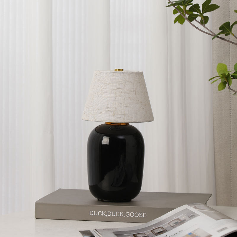Contemporary Nordic Round Fabric Shade Ceramic 1-Light Table Lamp For Bedroom