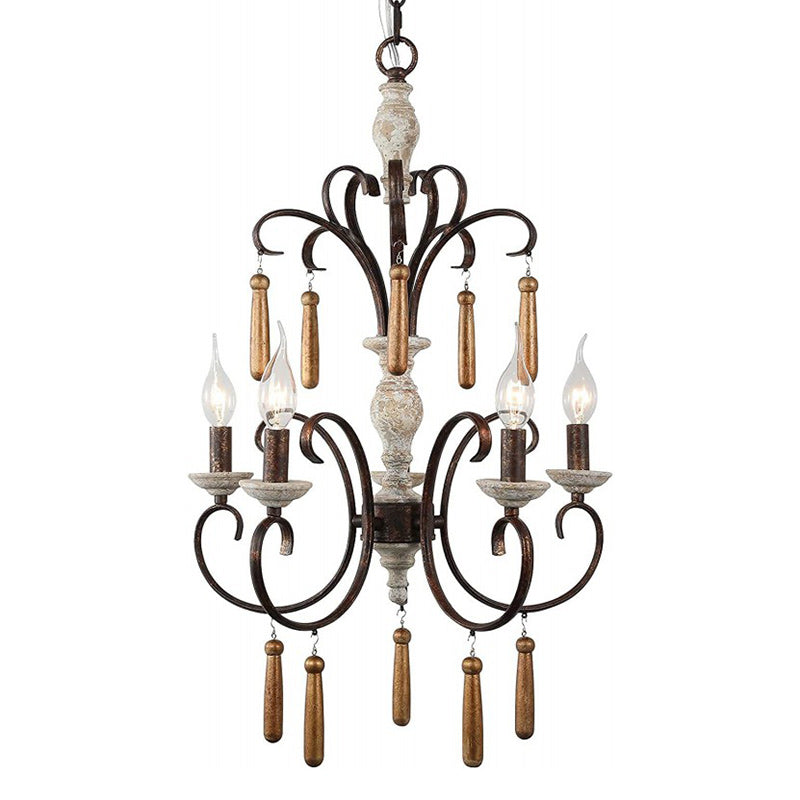 Traditional Rustic Distressed Solid Wood Curved Iron Candelabra 5-Light Chandelier For Living Room