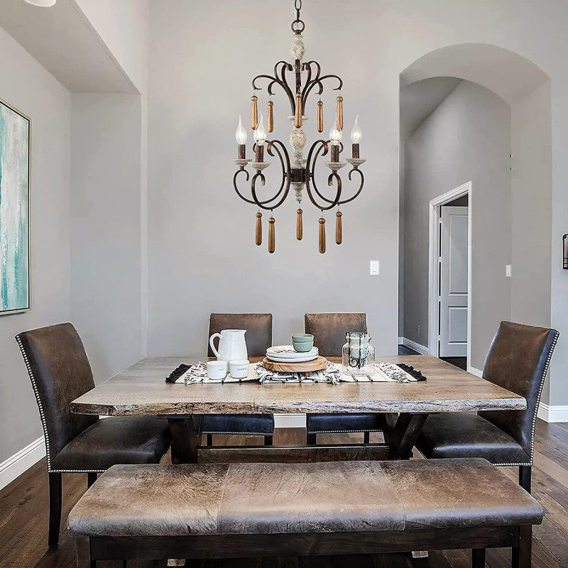 Traditional Rustic Distressed Solid Wood Curved Iron Candelabra 5-Light Chandelier For Living Room