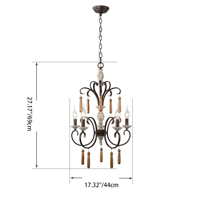 Traditional Rustic Distressed Solid Wood Curved Iron Candelabra 5-Light Chandelier For Living Room