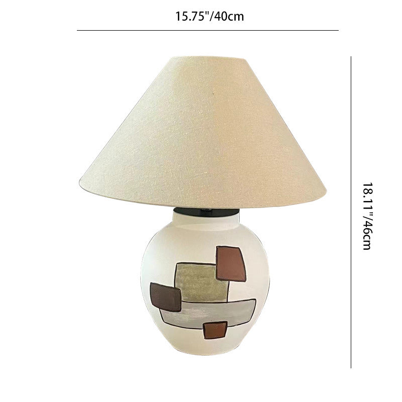Traditional Japanese Fabric Conical Shade Ceramic 1-Light Table Lamp For Bedroom