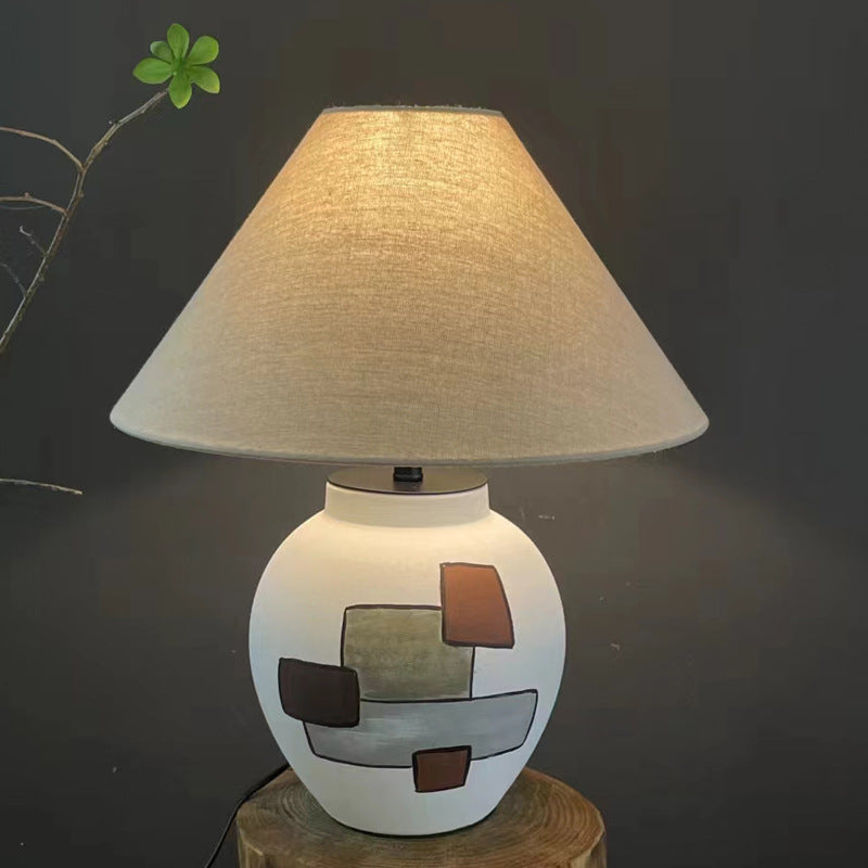 Traditional Japanese Fabric Conical Shade Ceramic 1-Light Table Lamp For Bedroom