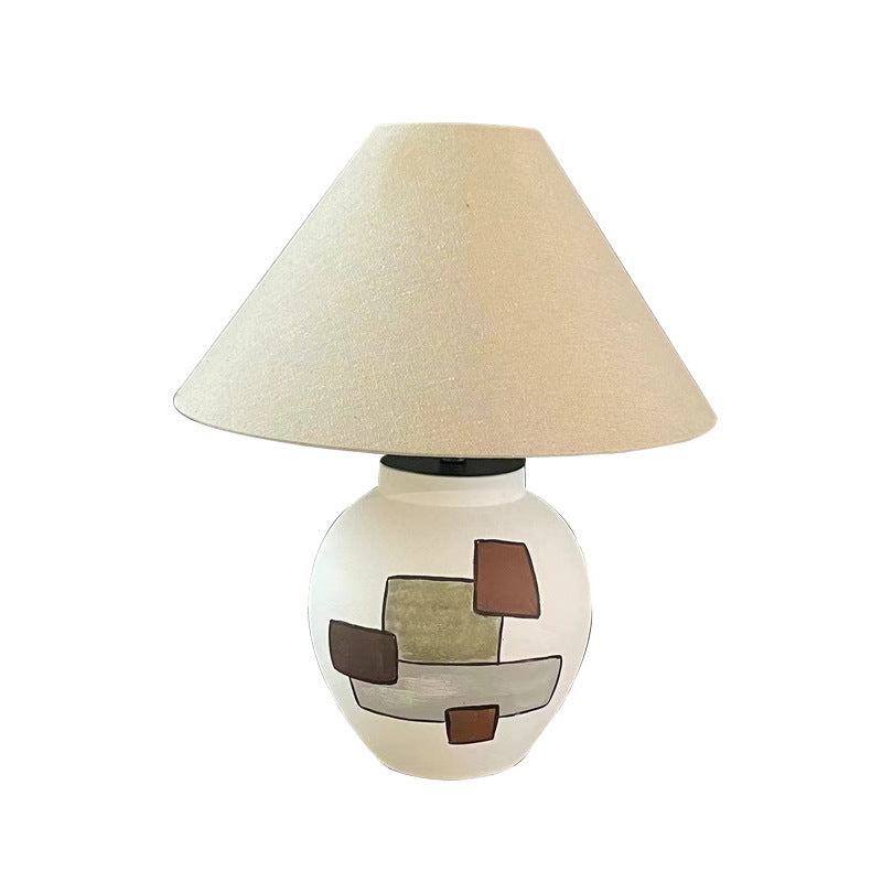Traditional Japanese Fabric Conical Shade Ceramic 1-Light Table Lamp For Bedroom