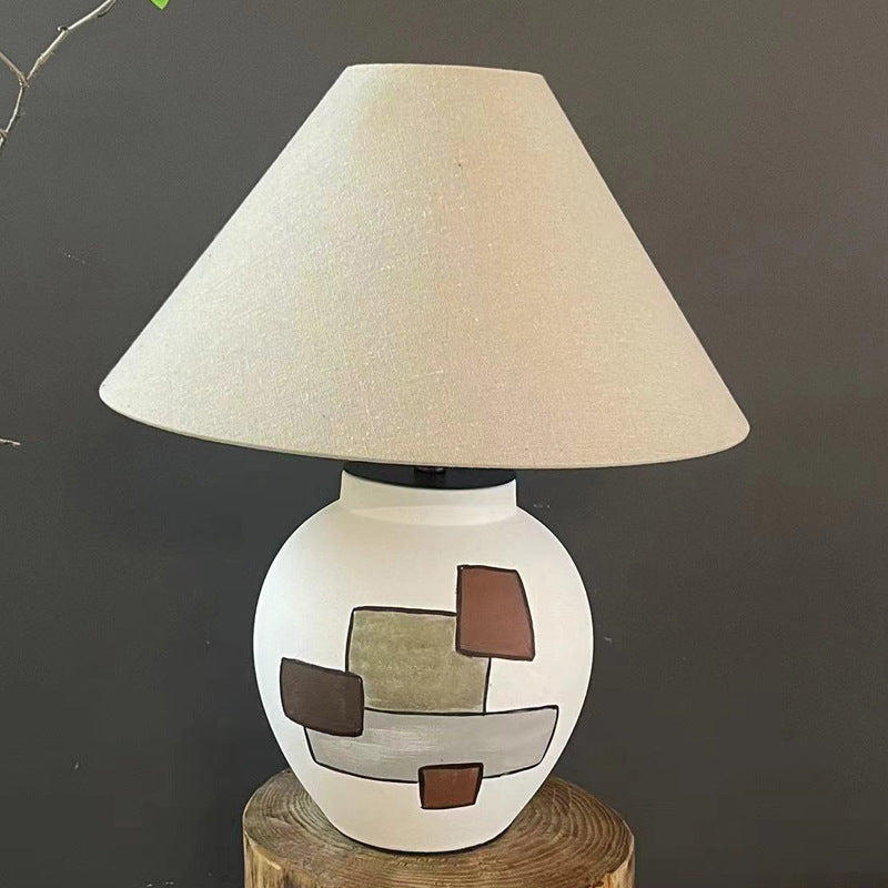 Traditional Japanese Fabric Conical Shade Ceramic 1-Light Table Lamp For Bedroom