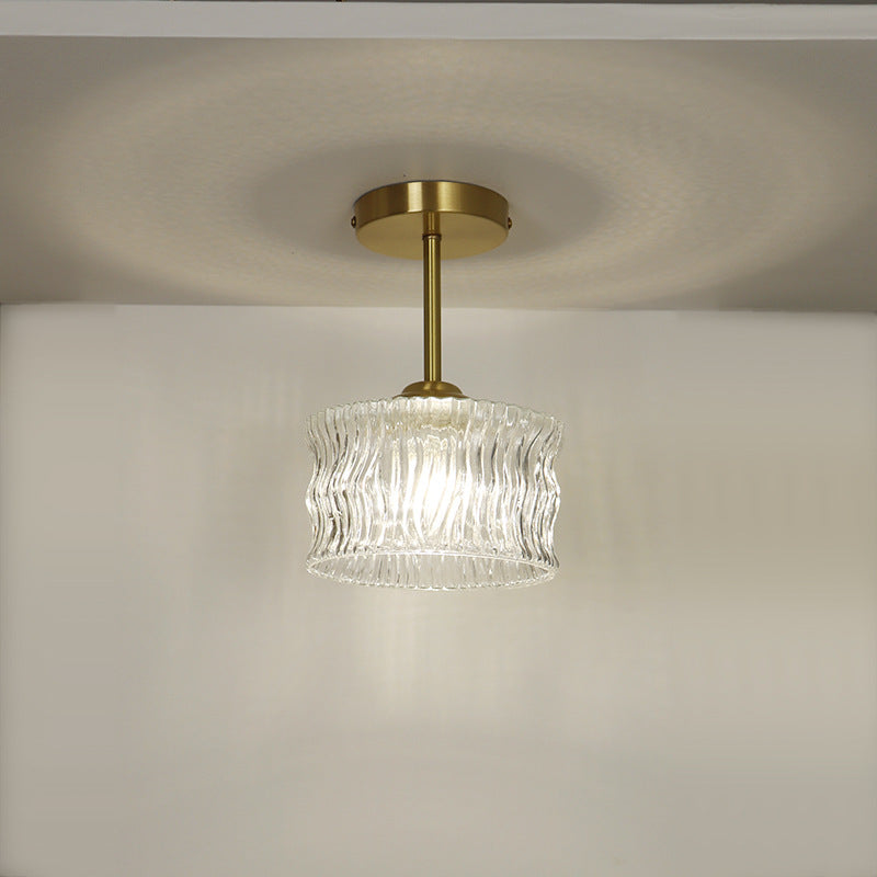 Contemporary Luxury Brass Water Ripple Glass Cylinder 1-Light Semi-Flush Mount Ceiling Light For Living Room