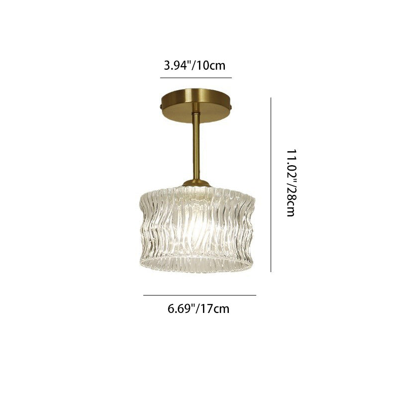 Contemporary Luxury Brass Water Ripple Glass Cylinder 1-Light Semi-Flush Mount Ceiling Light For Living Room