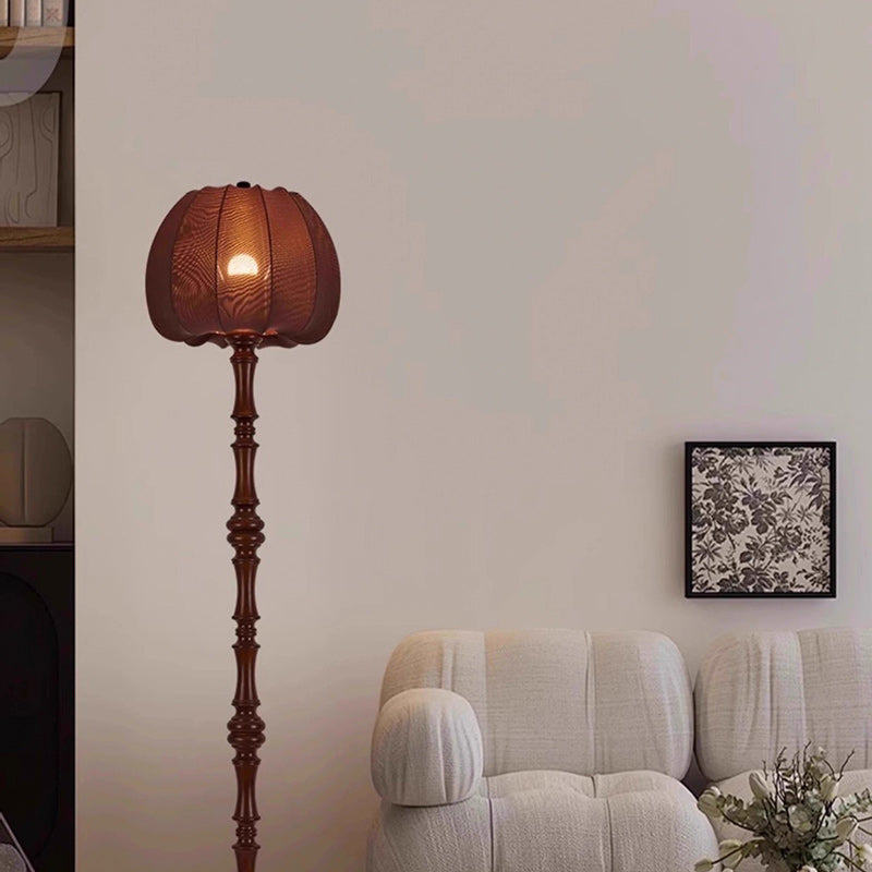 Traditional Vintage Fabric Pumpkin Shade Solid Wood 1-Light Standing Floor Lamp For Bedroom
