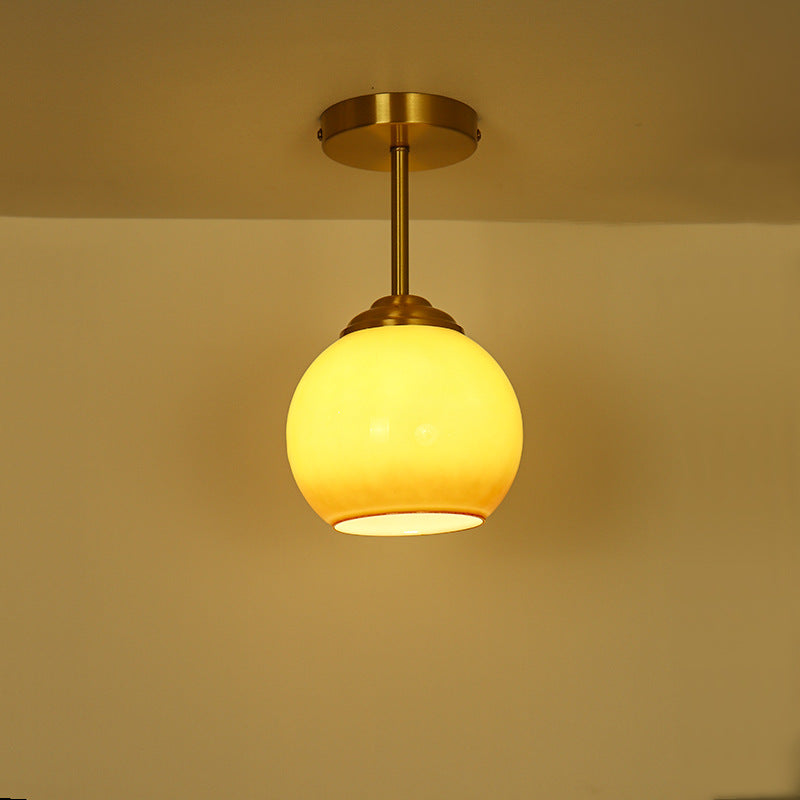 Traditional French Brass Spherical Glass Shade 1-Light Semi-Flush Mount Ceiling Light For Living Room