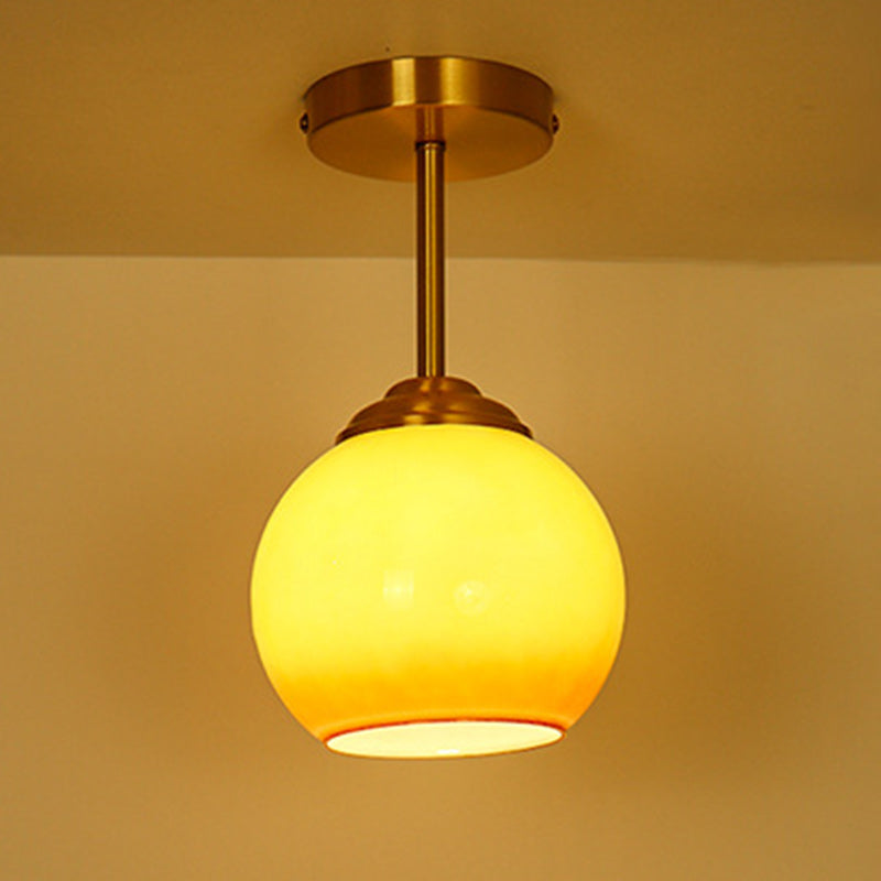 Traditional French Brass Spherical Glass Shade 1-Light Semi-Flush Mount Ceiling Light For Living Room