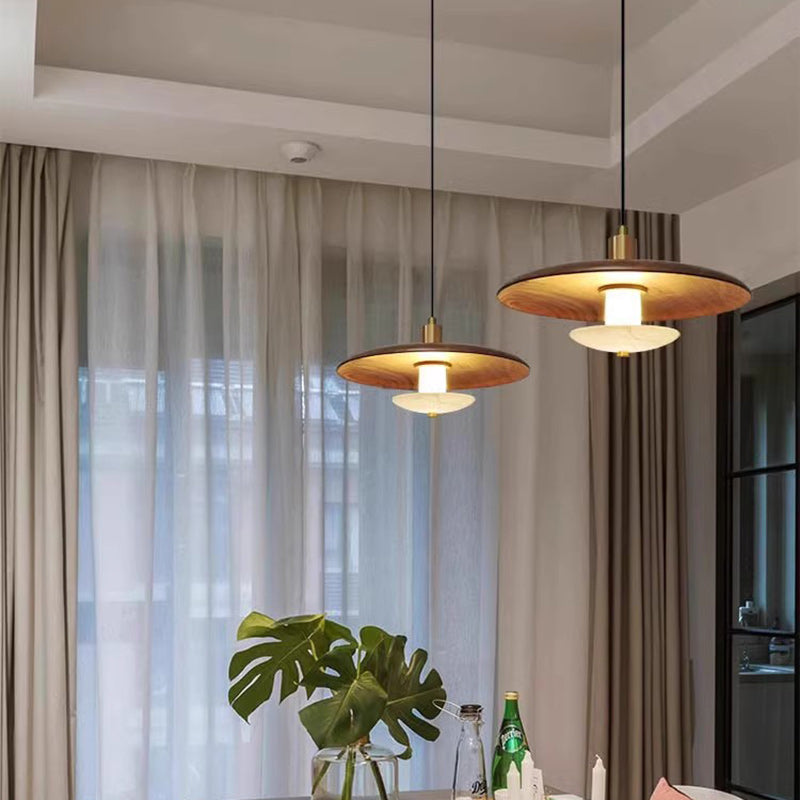 Modern Minimalist Marble Solid Wood Flying Saucer 1-Light Pendant Light For Living Room